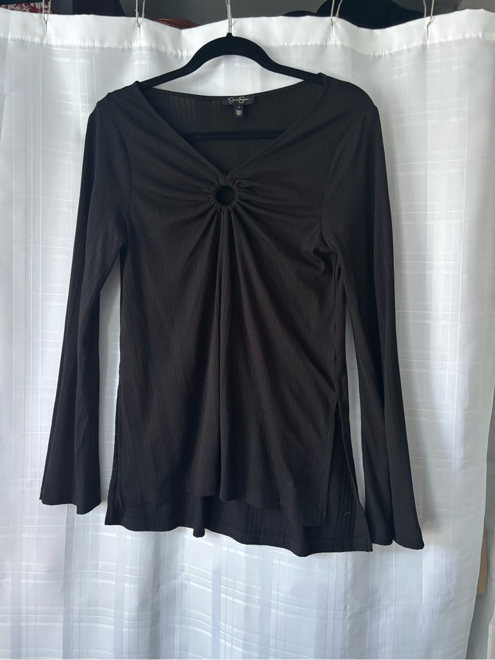 Jessica Simpson Black Long-Sleeve Ring-Accent V-Neck Top